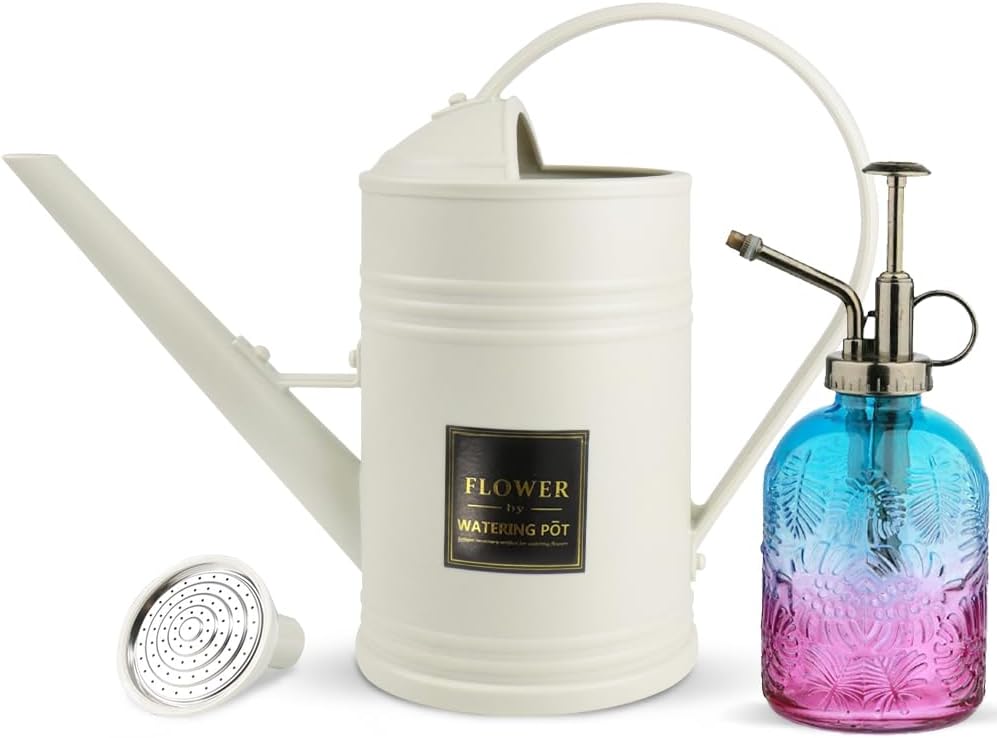 0.5 Gallon Small Watering Can for Outdoor Indoor Plants for House Plants, 12 oz Glass Plant Mister Spray Bottle for Bonsai Garden Flowers (White)