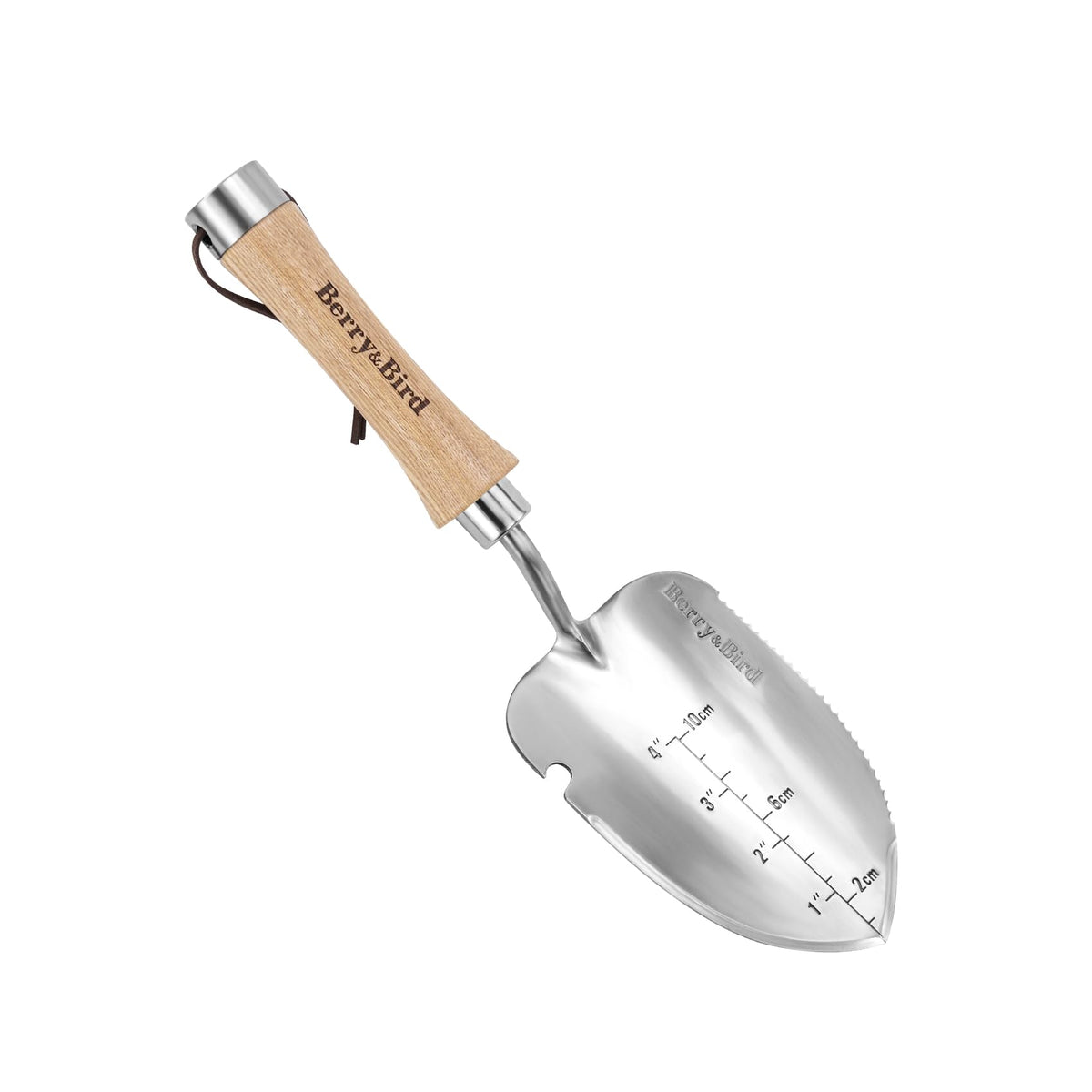 Berry&Bird Potting Trowel, Stainless Steel Serrated Hand Shovel, Wood Handle Garden Trowel Tool with Measuring Scale for Effortless Digging,Roots，Planting, Cutting and Transplanting