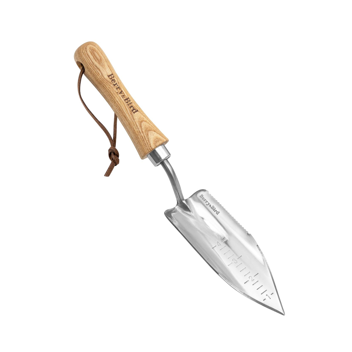 Berry&Bird Potting Trowel, Stainless Steel Serrated Hand Shovel, Wood Handle Garden Trowel Tool with Measuring Scale for Effortless Digging,Roots，Planting, Cutting and Transplanting