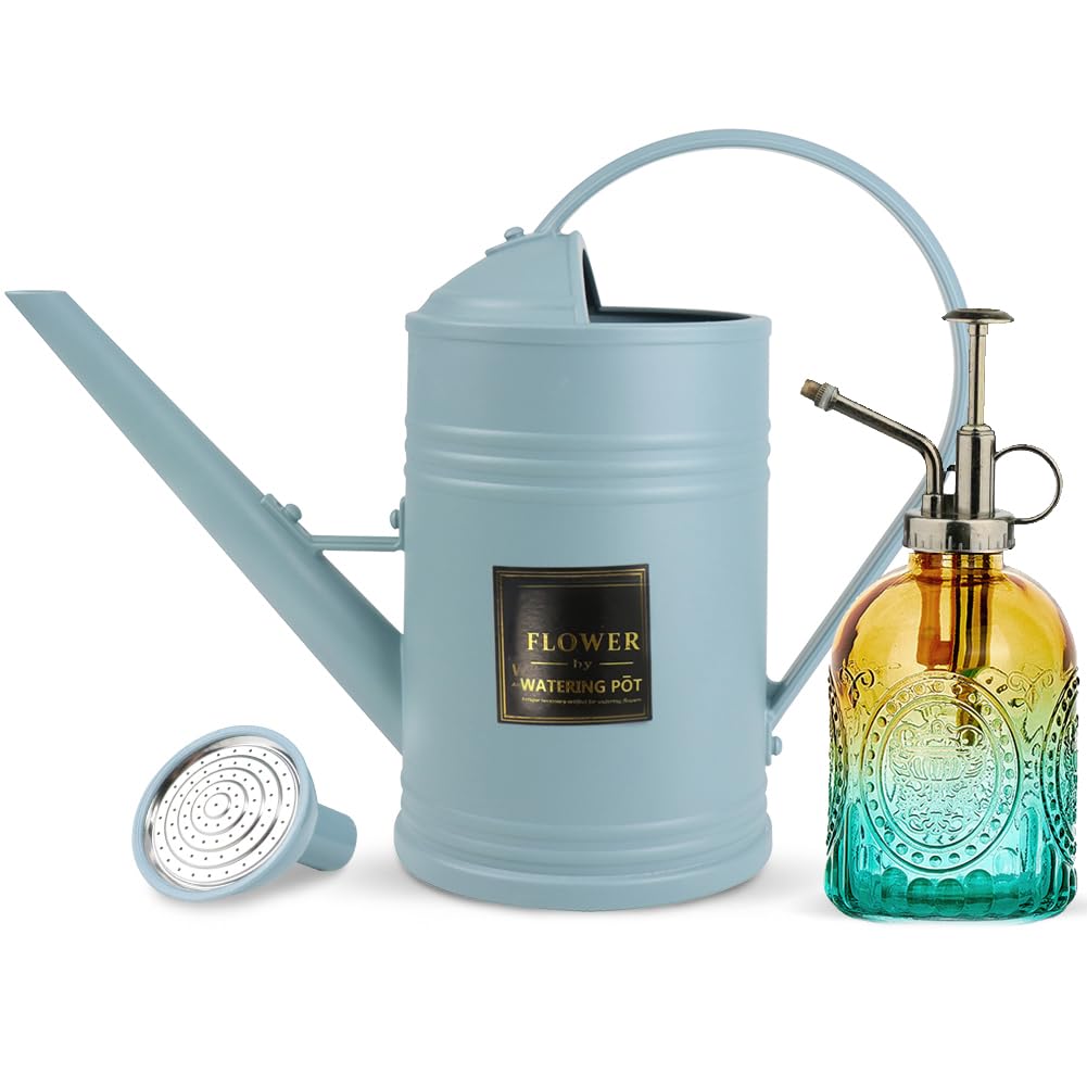 0.5 Gallon Small Watering Can for Outdoor Indoor Plants for House Plants, 12 oz Glass Plant Mister Spray Bottle for Bonsai Garden Flowers (White)