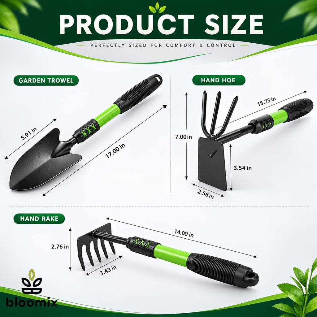 Bloomix Set of 3 Black Stainless Steel Gardening Tools Set Heavy Duty Hand Trowel, Hand Rake & Hoe Cultivator with Soft-Grip Ergonomic Handles, Durable Garden Tool Kit for Plant Care Black