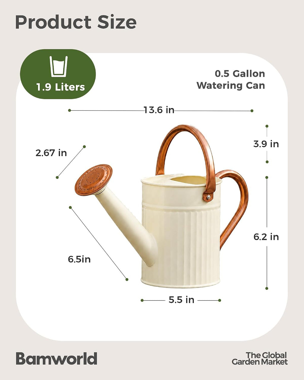 Bamworld Metal Watering Can for Indoor Outdoor Plant 1/2 Gallon Creamy