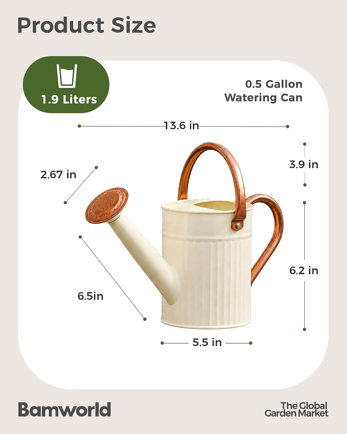 Bamworld Metal Watering Can for Indoor Outdoor Plant 1/2 Gallon Creamy