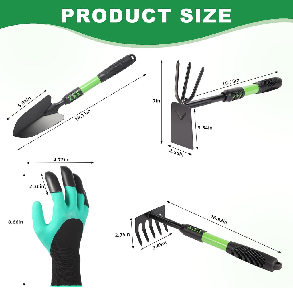 Garden Tools Set, 4 Pack Gardening Tools, Stainless Steel Heavy Duty Hand Cultivator, Hoes, Spade Shovel, for Planting Weeding Digging, Gardening Gifts for Women, Green