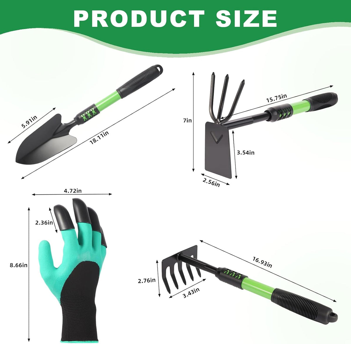 Garden Tools Set, 4 Pack Gardening Tools, Stainless Steel Heavy Duty Hand Cultivator, Hoes, Spade Shovel, for Planting Weeding Digging, Gardening Gifts for Women, Green