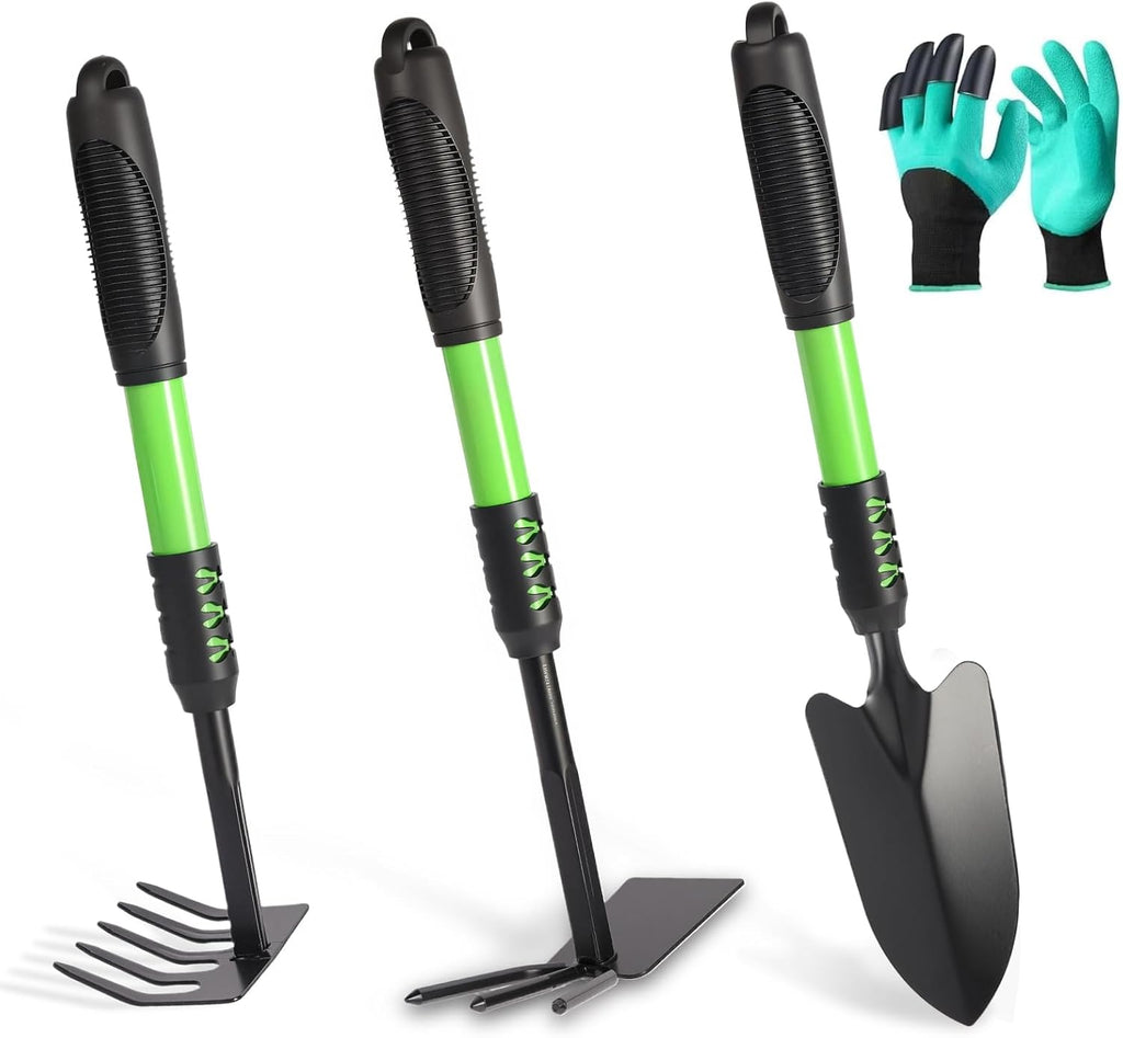 Garden Tools Set, 4 Pack Gardening Tools, Stainless Steel Heavy Duty Hand Cultivator, Hoes, Spade Shovel, for Planting Weeding Digging, Gardening Gifts for Women, Green