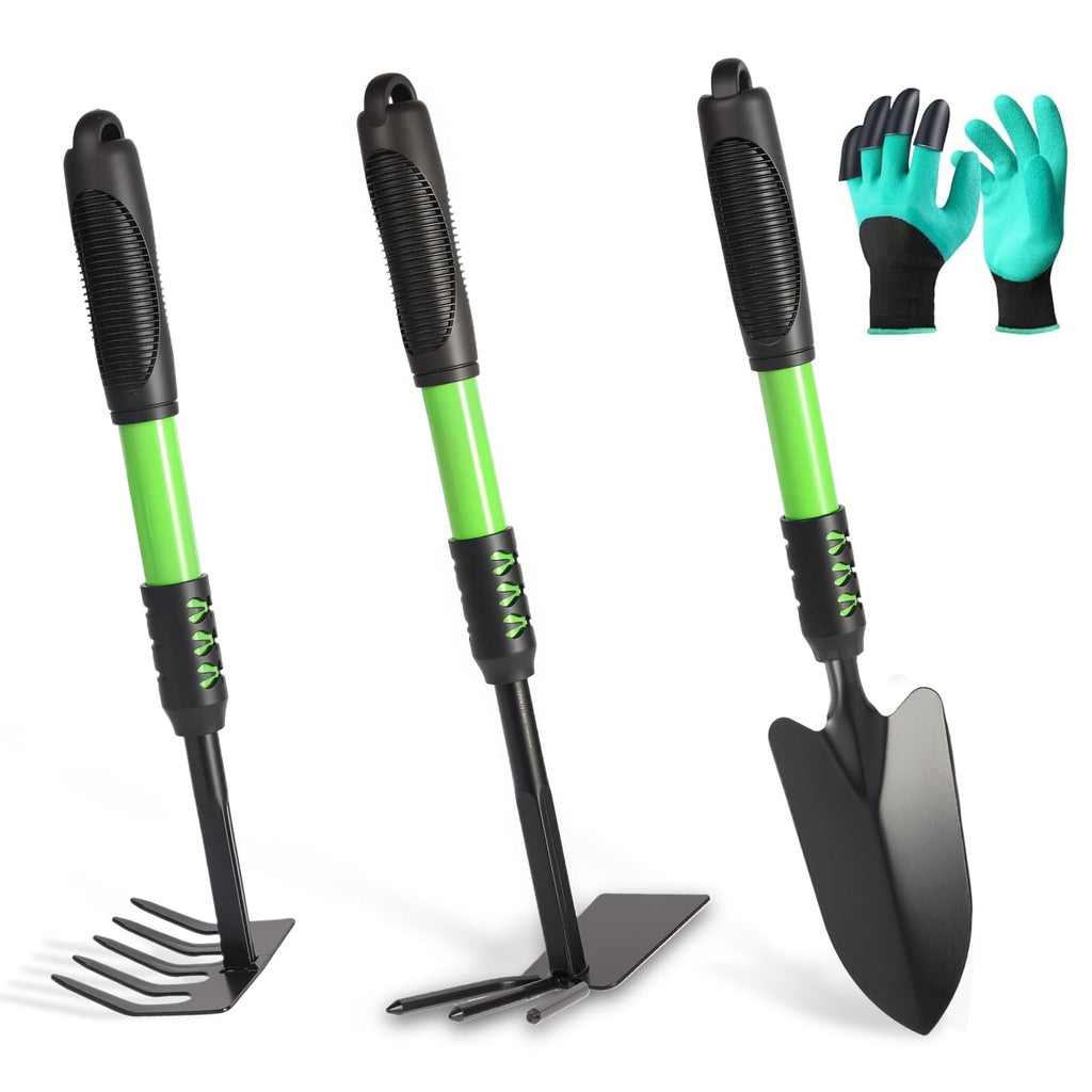 Garden Tools Set, 4 Pack Gardening Tools, Stainless Steel Heavy Duty Hand Cultivator, Hoes, Spade Shovel, for Planting Weeding Digging, Gardening Gifts for Women, Green