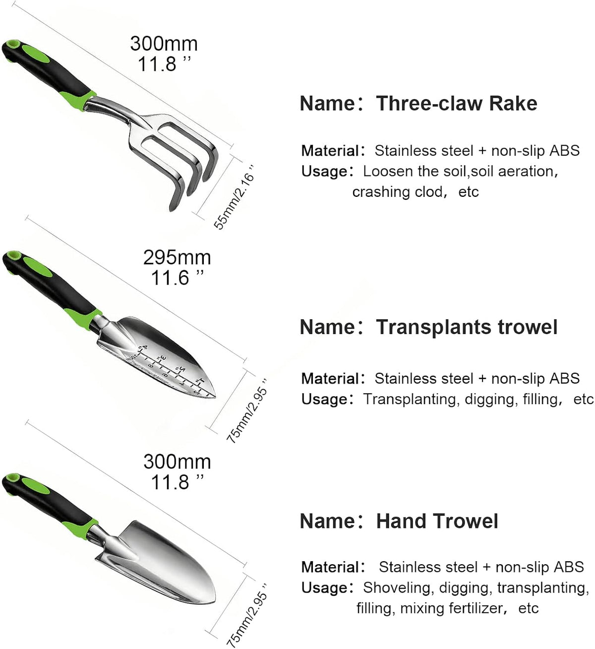 Gardening Hand Tool Set 3 Pack - MDSXO Heavy Duty Gardening Kit with Non-Slip Soft Ergonomic Handle, Great Garden Gift for Women Men[Stainless Steel]