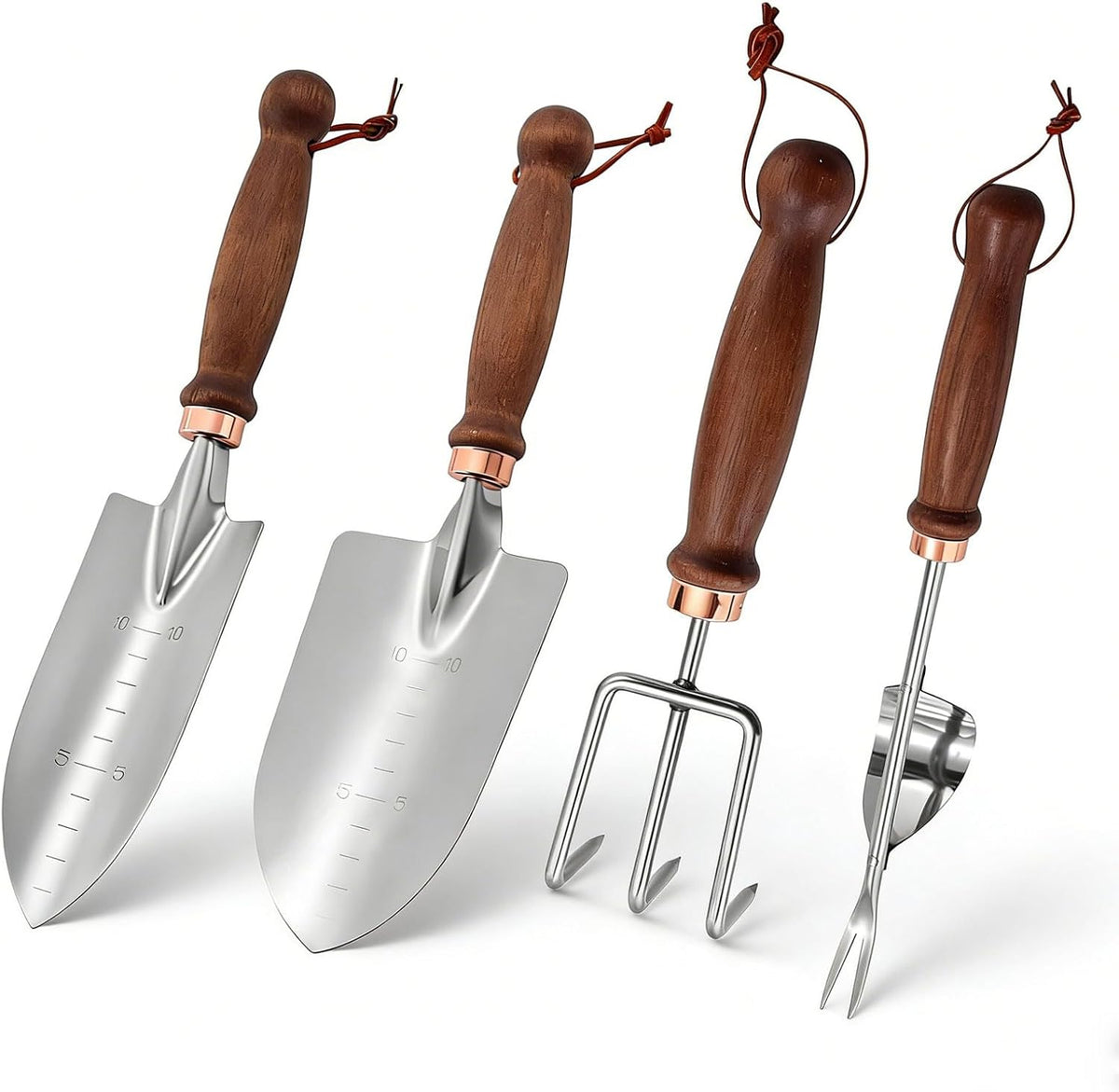 Garden Tools, 4 Pack Garden Shovel with Wooden Handles Hand Tools with Transplanting Hand Shovel, Rake and Root Picker Ideal for Digging and Planting