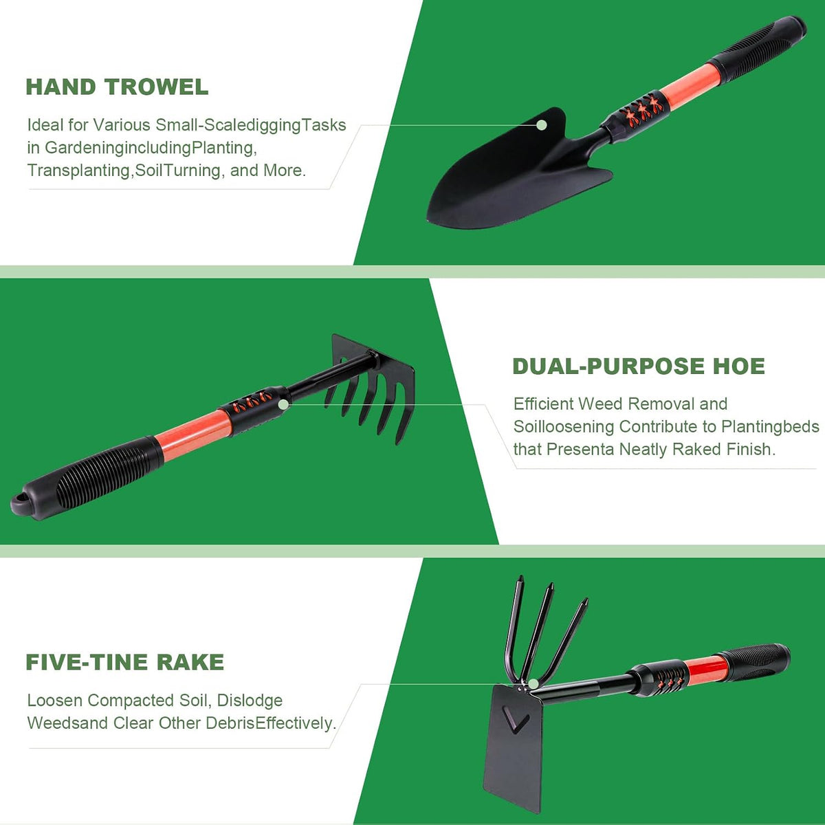 Garden Tool Set, 3 Pack Lightweight Heavy Gardening Kit Including Hand Shovel, Transplant Shovel and Hand Rake with Soft Rubber Non-Slip Handle, for Planting Weeding Digging, Orange ﻿