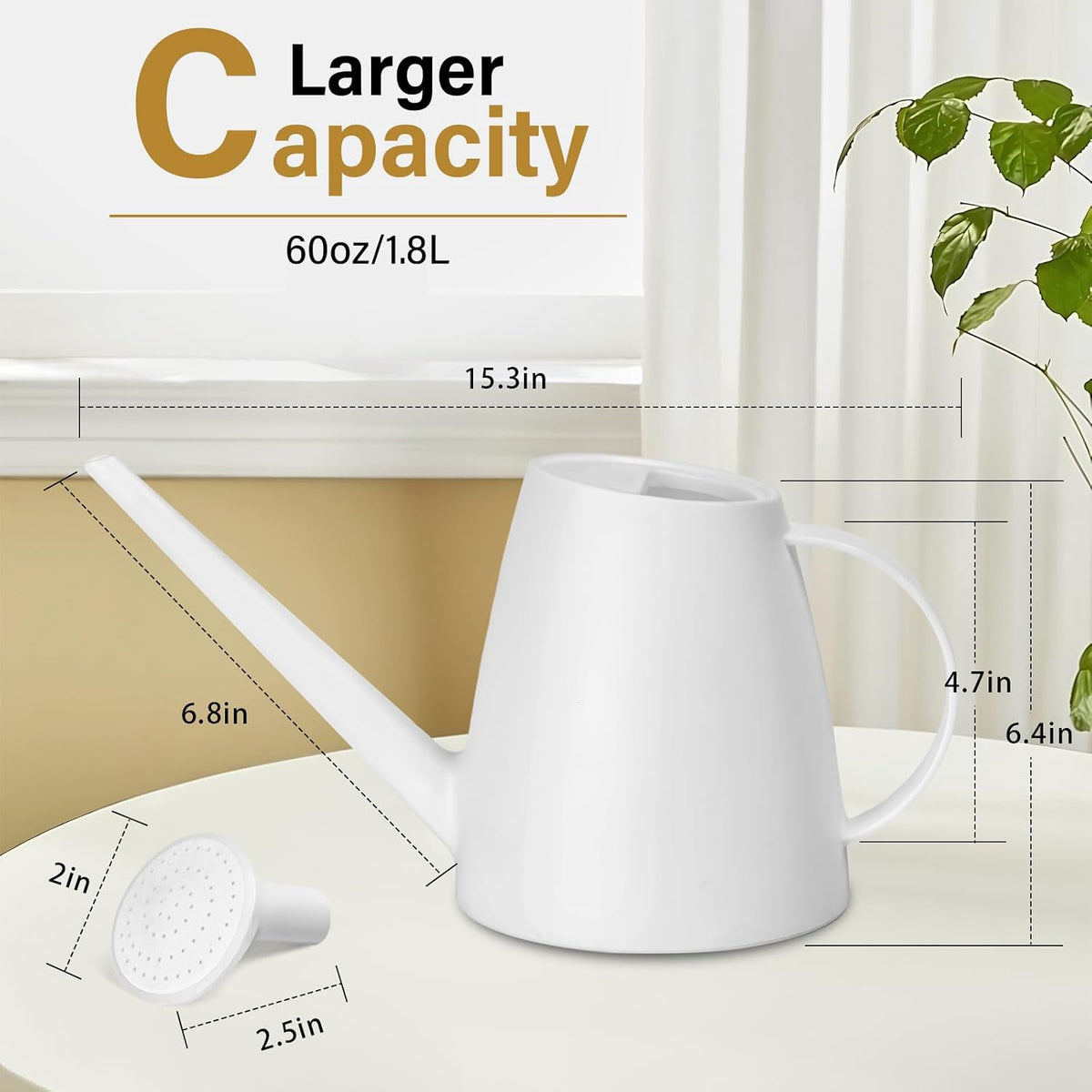 Plastic Watering Can - for Indoor and Outdoor House Plant Garden - with Long Spout - 1/2 Gallon - White
