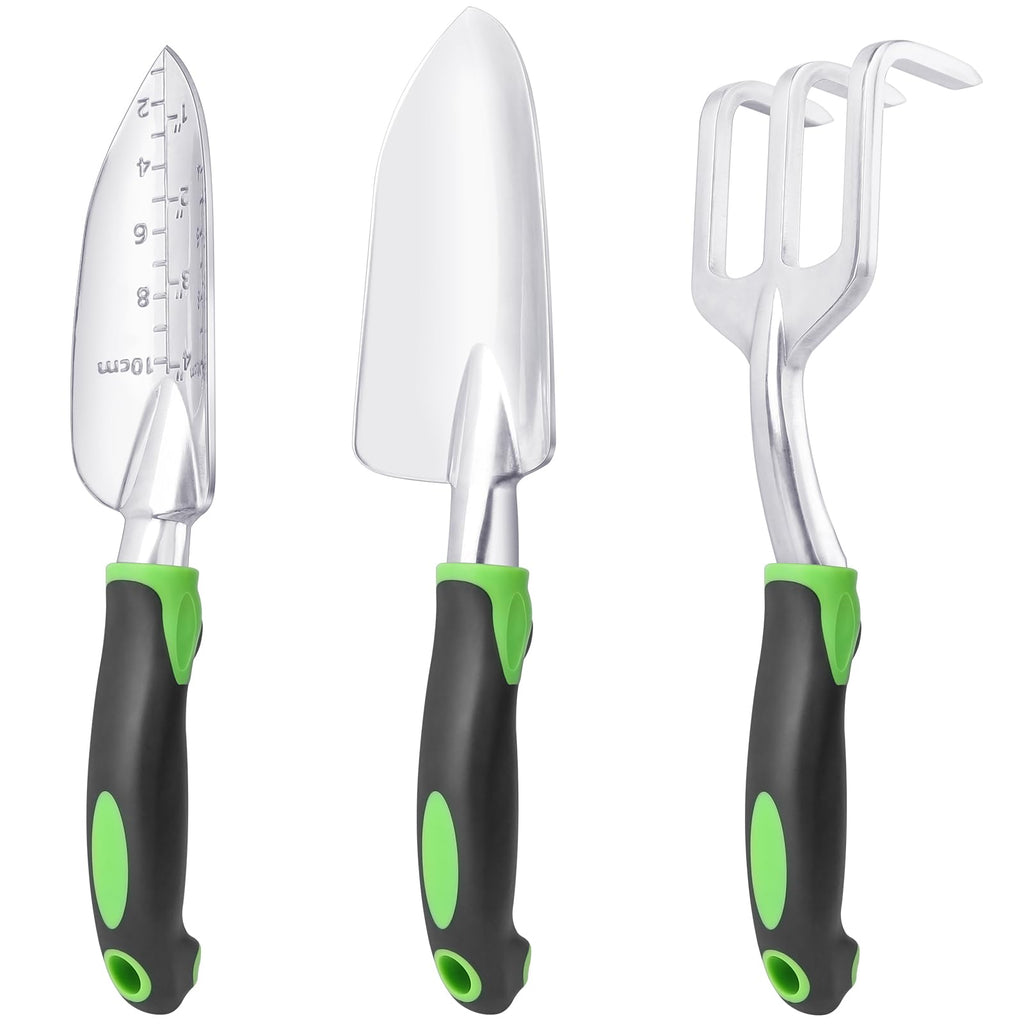 Garden Tools Set, 3 Pack Heavy Duty Gardening Tools Set Include Garden Shovel, Transplant Trowel and Hand Rake with Ergonomic Handle, Aluminum Alloy Lawn for Planting, Orange
