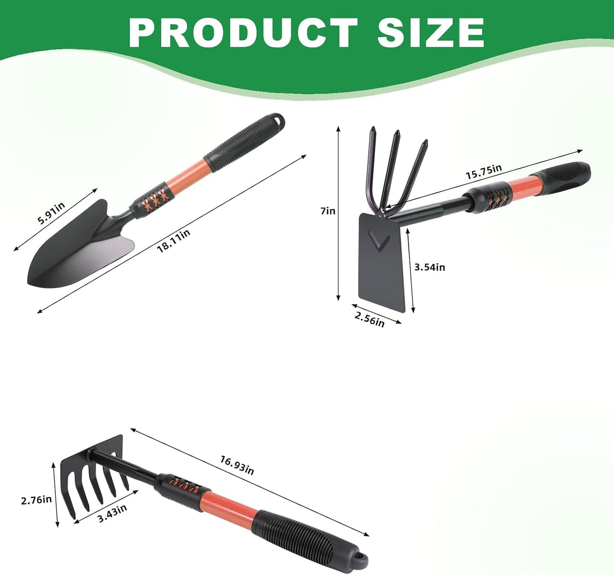 Garden Tool Set, 3 Pack Lightweight Heavy Gardening Kit Including Hand Shovel, Transplant Shovel and Hand Rake with Soft Rubber Non-Slip Handle, for Planting Weeding Digging, Orange ﻿