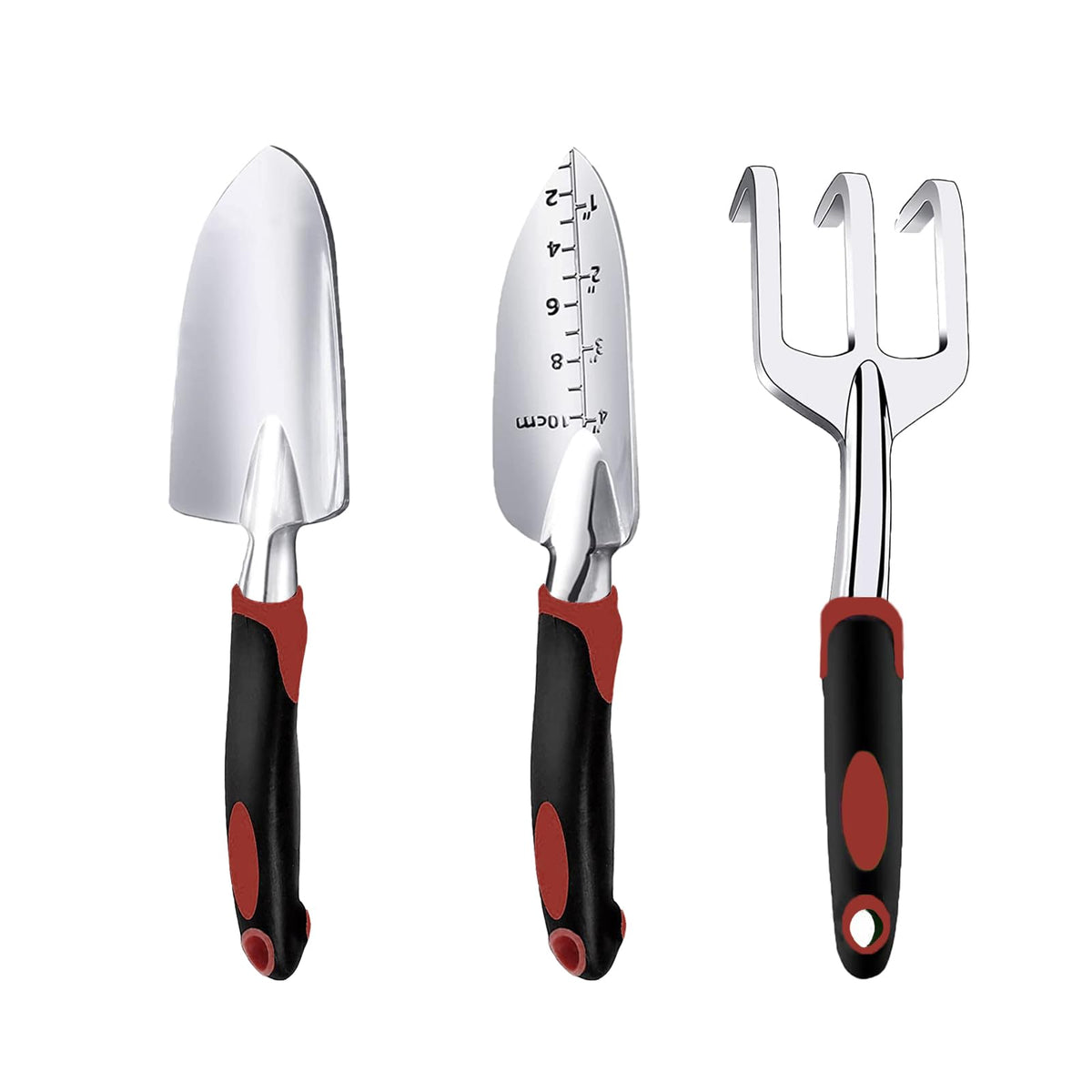 Garden Tool Set, 3 Piece Gardening Tools Includes Garden Trowel, Transplant Trowel and Hand Rake with Non-Slip Ergonomic Handle, Heavy Duty Garden Kit for Planting, Garden Gifts, Red
