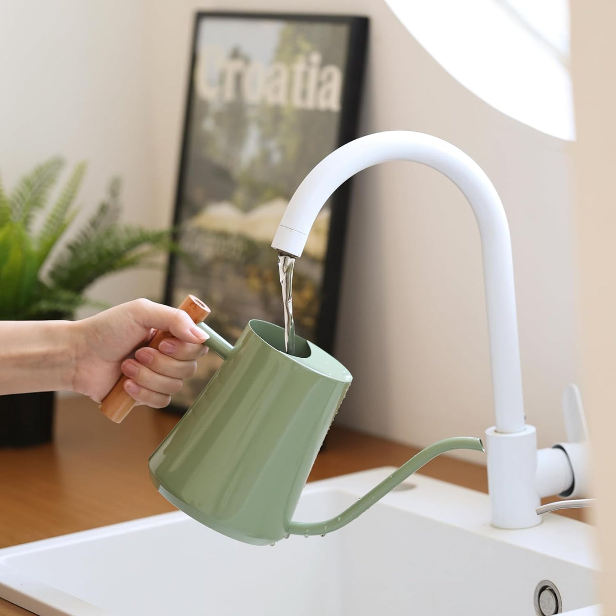 Green Moon 1L/35oz Metal Watering Can Indoor with Long Spout, Sage Green