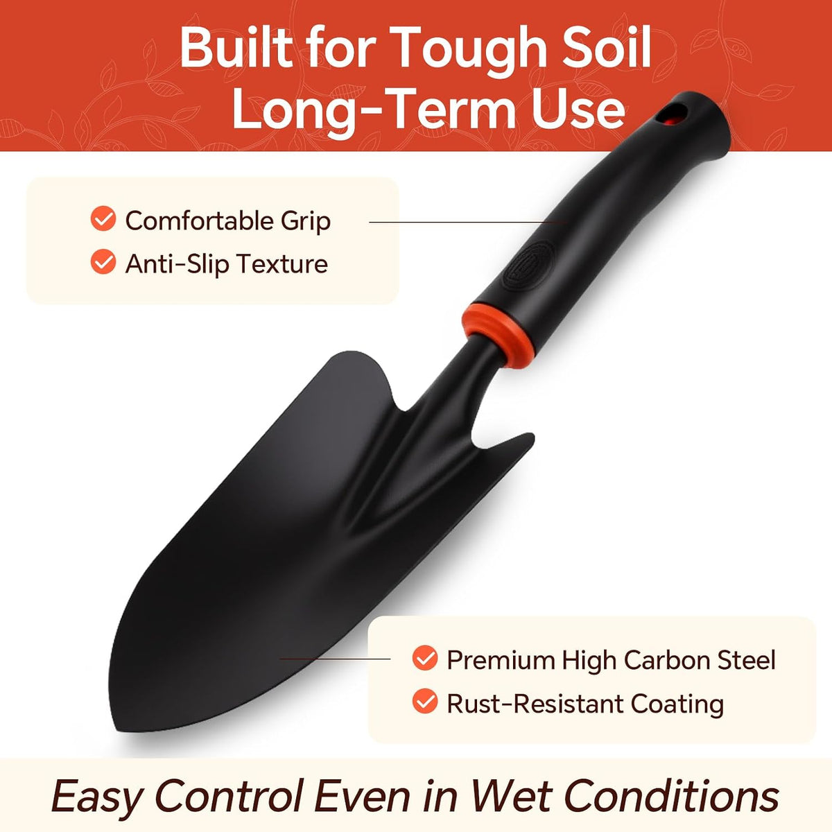 Vinid 4-Piece Heavy-Duty Garden Tool Set, Wide & Narrow Trowel, Root Remover, 3-Tine Cultivator, Hand Rake with Soft Rubber Non-Slip Handle, Idea Gift for Women, Mother