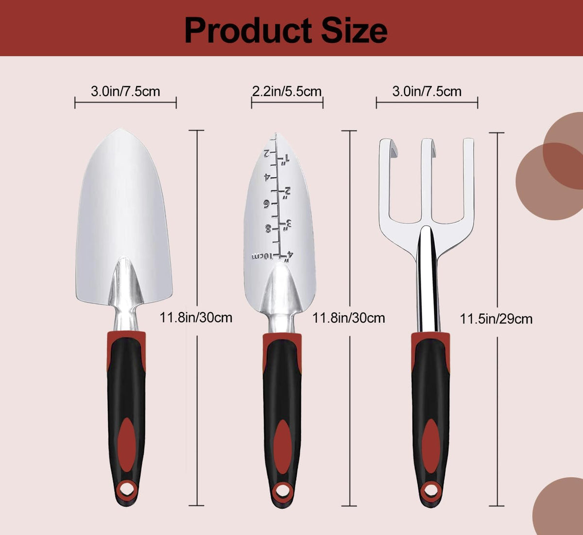 Garden Tool Set, 3 Piece Gardening Tools Includes Garden Trowel, Transplant Trowel and Hand Rake with Non-Slip Ergonomic Handle, Heavy Duty Garden Kit for Planting, Garden Gifts, Red