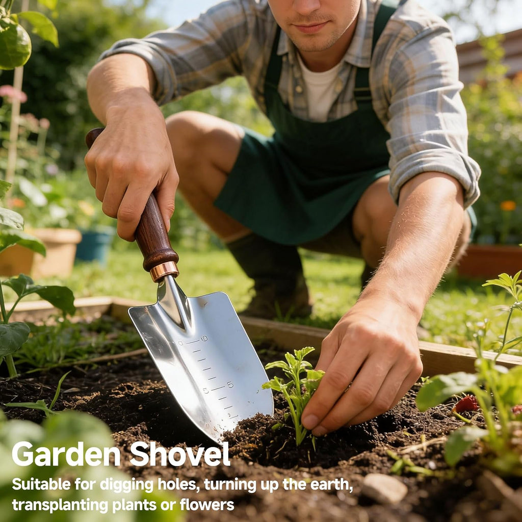 Garden Tools, 4 Pack Garden Shovel with Wooden Handles Hand Tools with Transplanting Hand Shovel, Rake and Root Picker Ideal for Digging and Planting