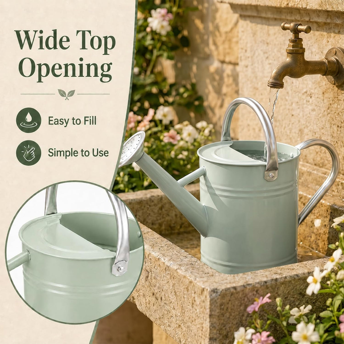 1 Gallon Metal Watering Can for Indoor Outdoor Plants, Cream Green