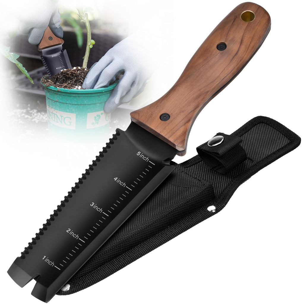 PERWIN Hori Hori Garden Knife, Garden Tools with Sheath for Weeding, Planting, Digging, 7" Stainless Steel Blade with Cutting Edge, Full-Tang Wood Handle with Hanging Hole