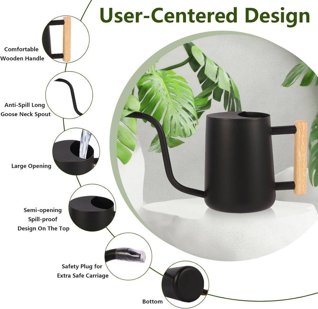 GUKJOB Plant Watering Can,35oz Metal Watering Can,Stainless Steel Indoor Plants with Long Curved Spout,Small Bonsai Outdoor Garden Modern Decorative(Black)