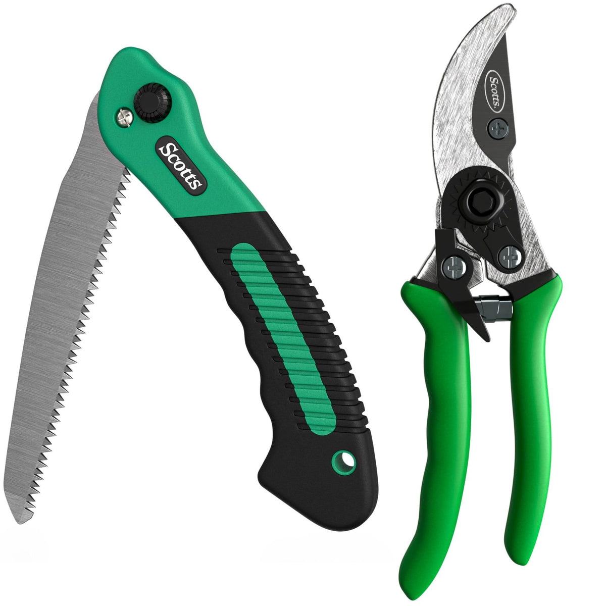 Scotts 2-Piece Pruning Tool Set – Includes 8 in. Bypass Pruning Shears for Live Plants and Soft Stems, and 7.5 in. Folding Saw for Cutting Thick Branches