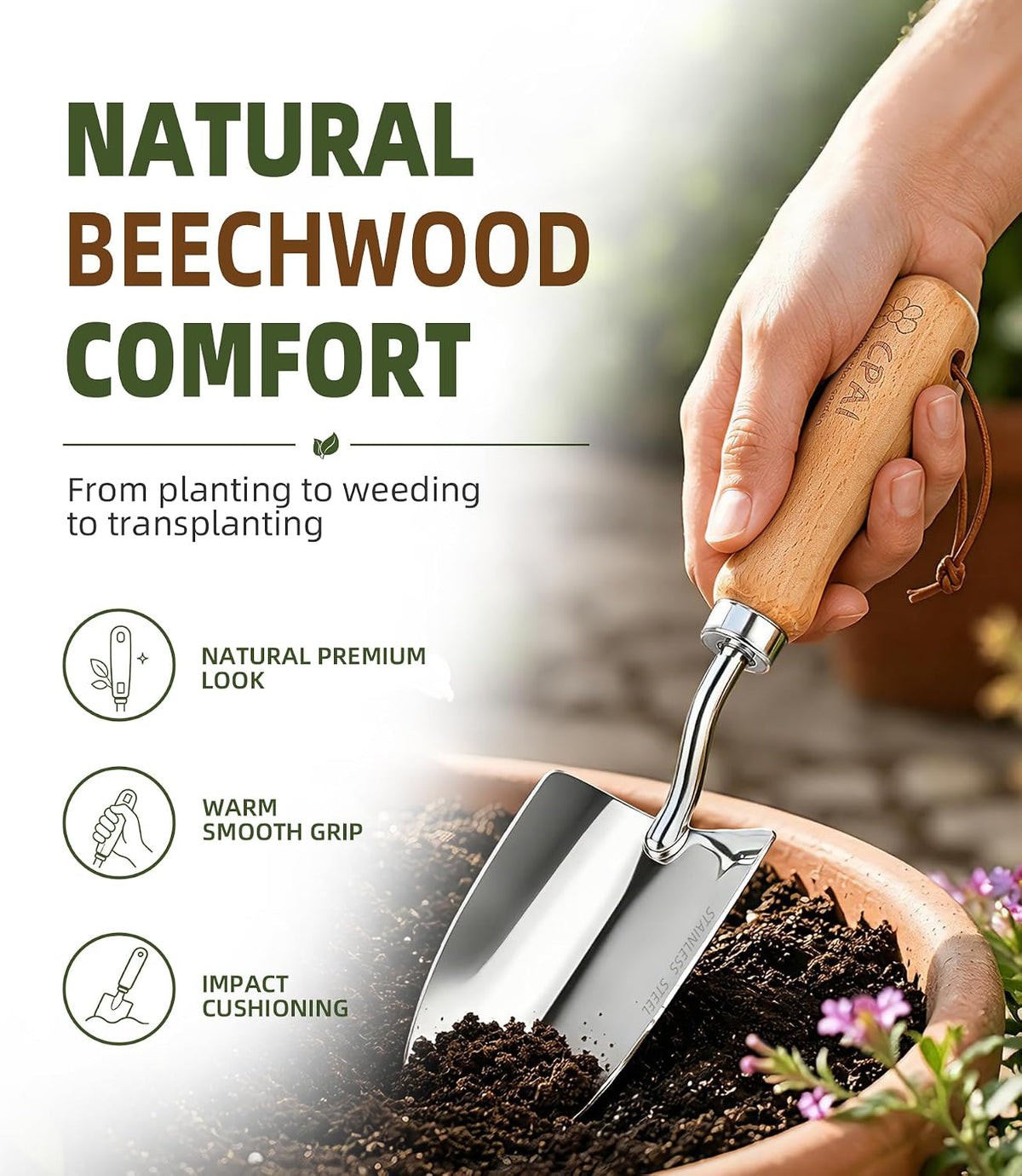 Garden Trowel, Heavy Duty 2mm Stainless Steel Hand Shovel