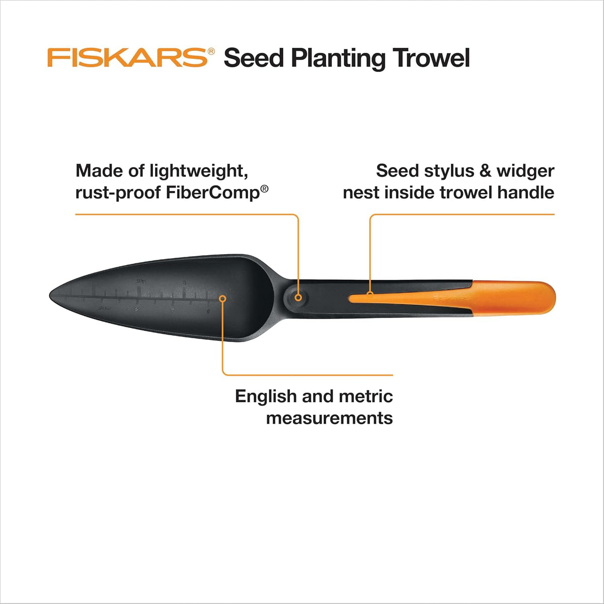 Fiskars 4-in-1 Seed Planting Garden Trowel and Seed Sower Tool