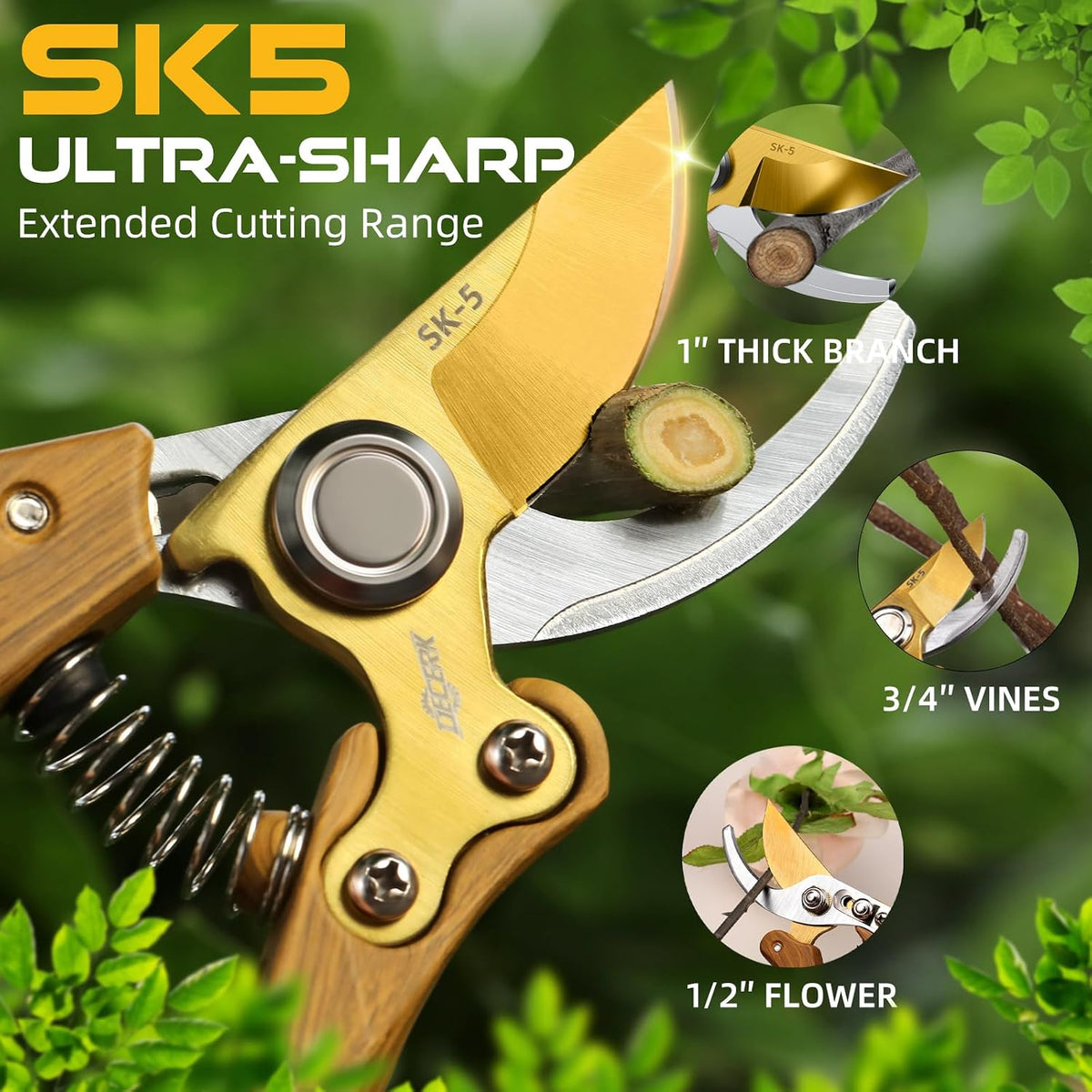 DECERK® 8.5" Premium Bypass Pruning Shears, Wood-Grain Garden Clippers