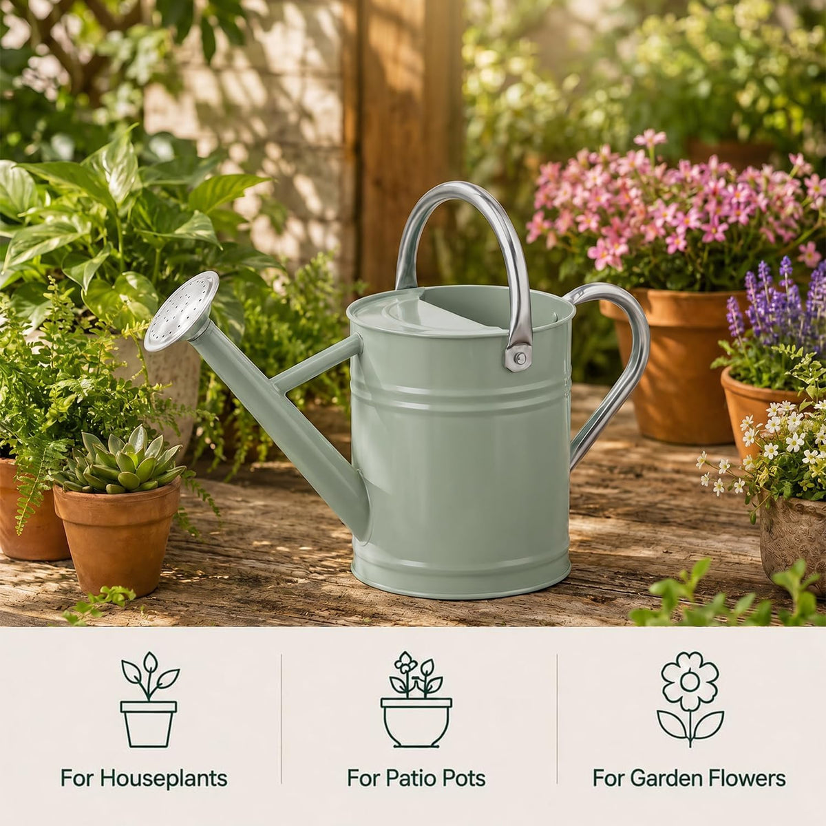 1 Gallon Metal Watering Can for Indoor Outdoor Plants, Cream Green