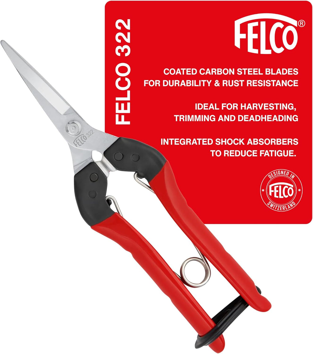 Felco F322 Pruning Snips – 9.84" Garden Clippers with Curved Blade & Rounded Tip | Pruning Shears for Gardening | Garden Snips and Pruners with Carbon Steel Blade, Sap Groove