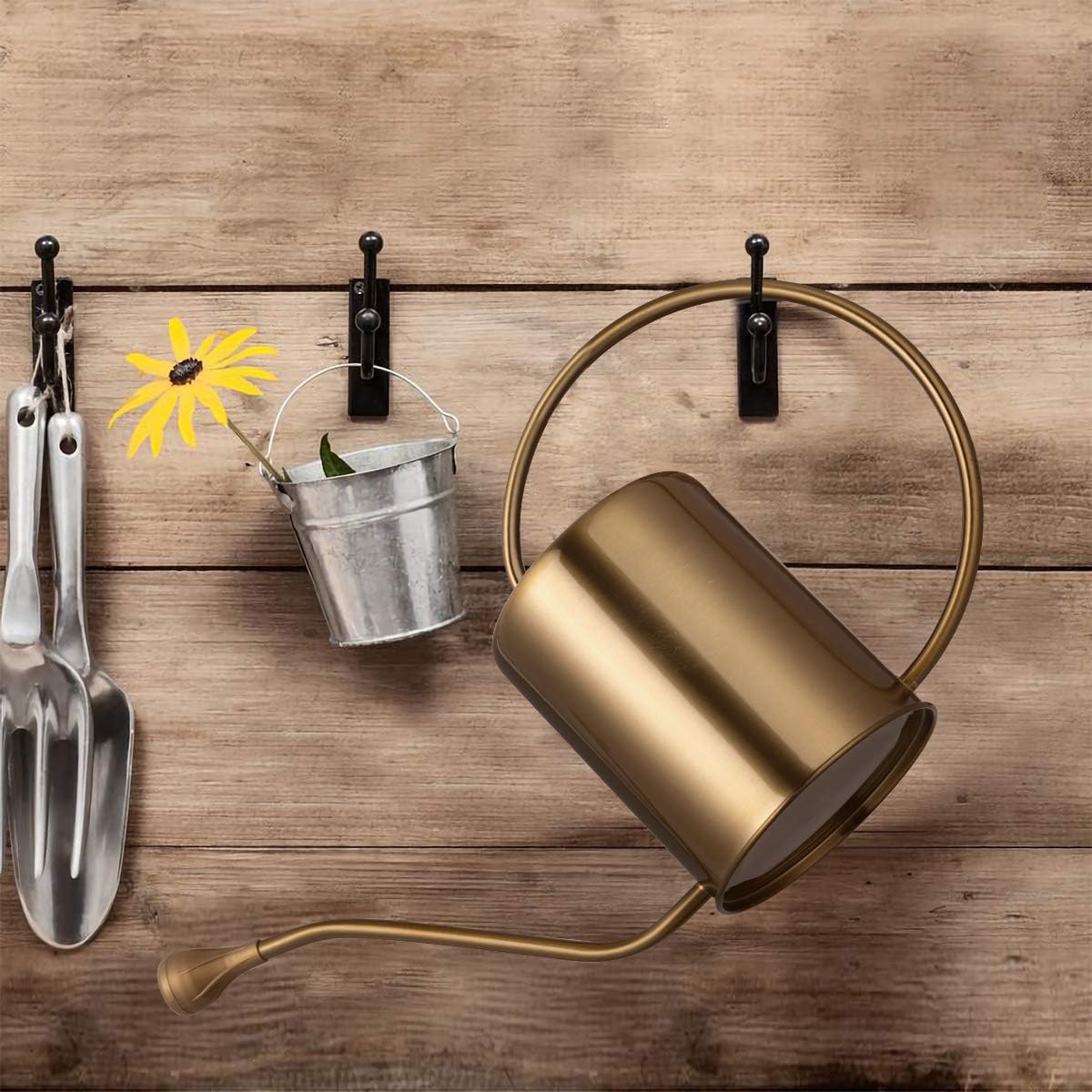 Yowon 1/2 Gallon 68oz Long Spout Stainless Steel Gold Colored Watering Can for Indoor Plant Watering or Outdoor Gardening with 2 Removable Spray Spout for Flowers