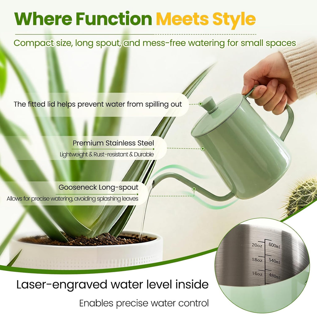 Watering Can for Indoor Plants, 20 oz Metal Small Plant Watering Can with Long Spout for House Plants, 13.5 oz Glass Plant Mister Spray Bottle for Bonsai Garden Flowers Decorative (Green)