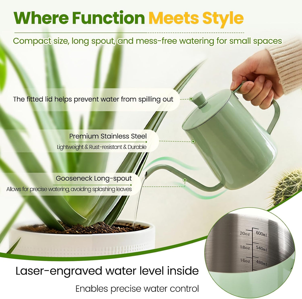 Watering Can for Indoor Plants, 20 oz Metal Small Plant Watering Can with Long Spout for House Plants, 13.5 oz Glass Plant Mister Spray Bottle for Bonsai Garden Flowers Decorative (Green)