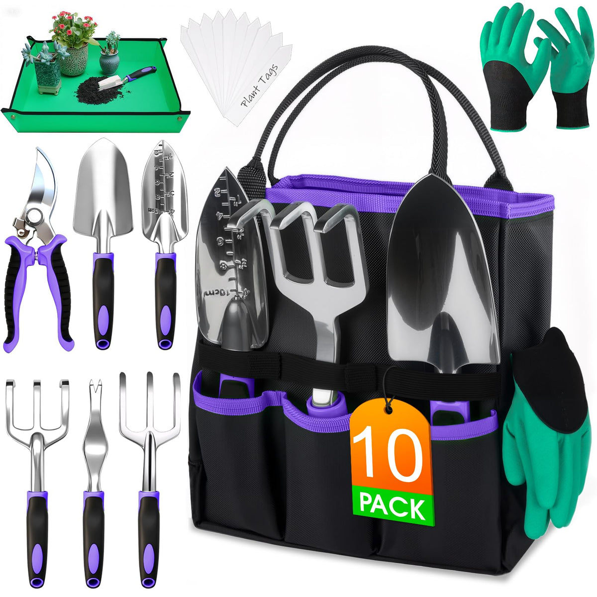 WOWBOX Garden Tools Set, 10 PCS Heavy Duty Gardening Hand Tools Kit, Green