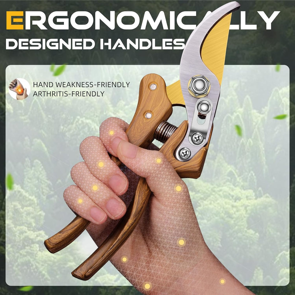DECERK® 8.5" Premium Bypass Pruning Shears, Wood-Grain Garden Clippers