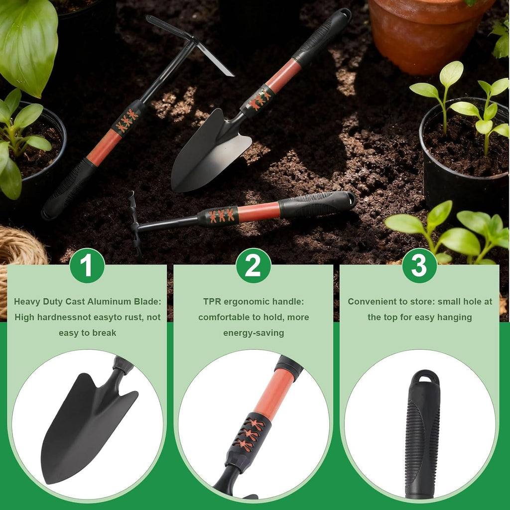 Garden Tool Set, 3 Pack Lightweight Heavy Gardening Kit Including Hand Shovel, Transplant Shovel and Hand Rake with Soft Rubber Non-Slip Handle, for Planting Weeding Digging, Orange ﻿