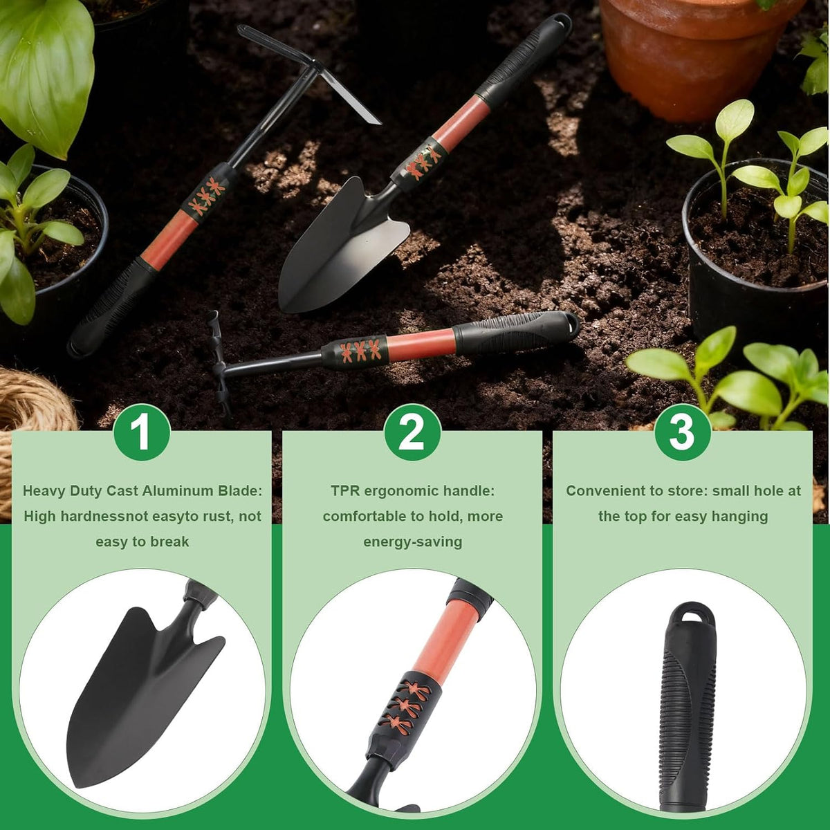 Garden Tool Set, 3 Pack Lightweight Heavy Gardening Kit Including Hand Shovel, Transplant Shovel and Hand Rake with Soft Rubber Non-Slip Handle, for Planting Weeding Digging, Orange ﻿