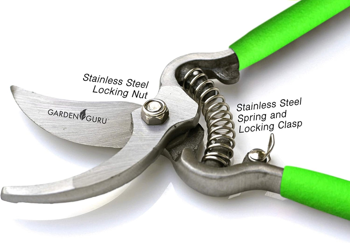 GARDEN GURU Classic Bypass Pruning Shears Clippers – Heavy Duty Forged Steel Garden Pruners – Safety Lock – Non Slip Comfort Grips – Cuts up to 1” Diameter – Professional Bypass Pruners for Gardening
