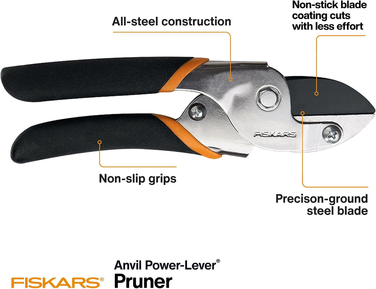 Fiskars Power-Lever Anvil Pruning Shears, 5/8" Cut Capacity Garden Clippers