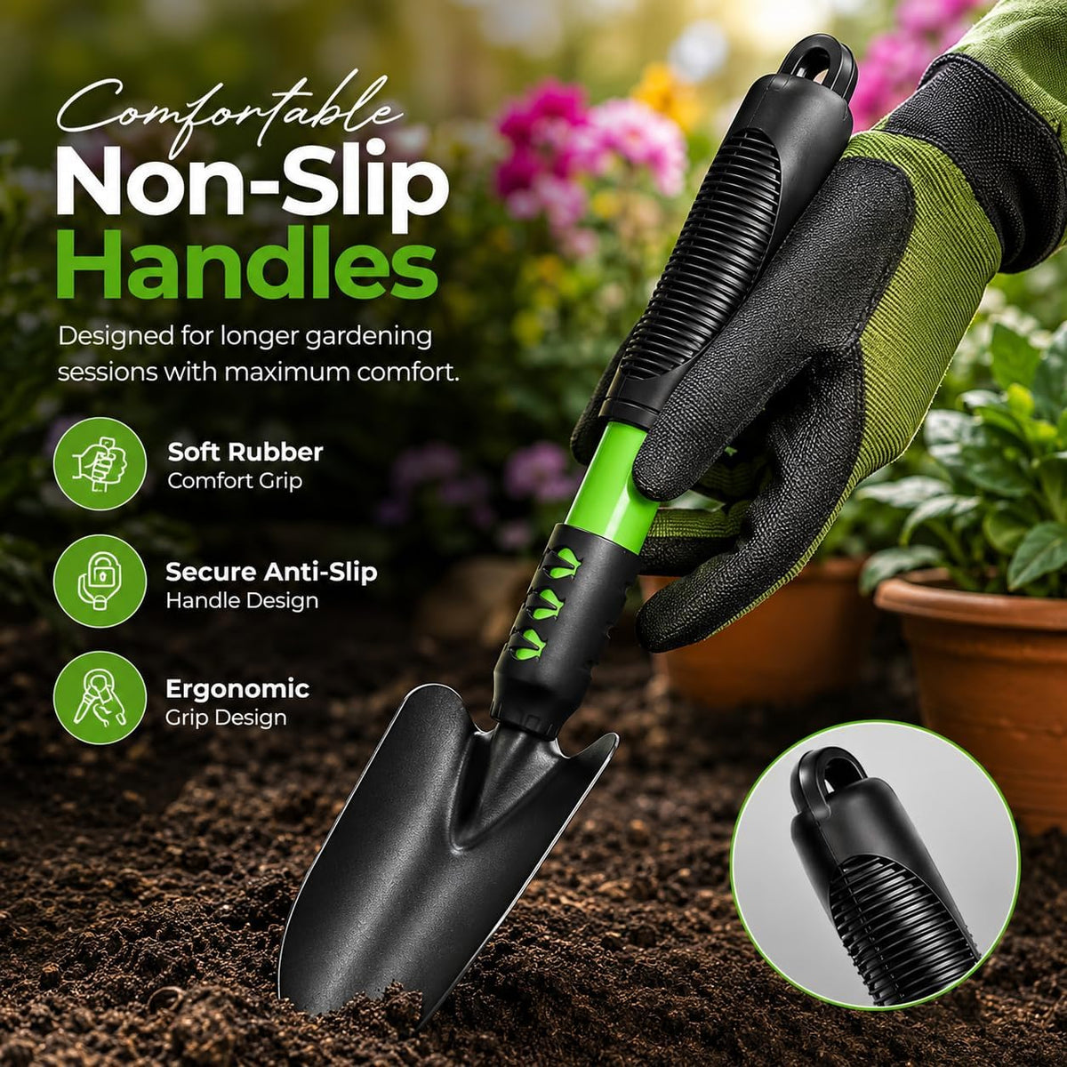 Bloomix Set of 3 Black Stainless Steel Gardening Tools Set Heavy Duty Hand Trowel, Hand Rake & Hoe Cultivator with Soft-Grip Ergonomic Handles, Durable Garden Tool Kit for Plant Care Black