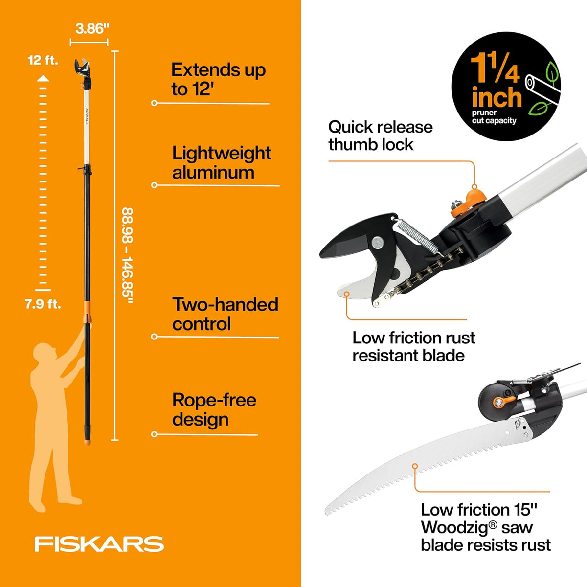 Fiskars 8-12 Ft Extendable 2-in-1 Tree Pruner & Pole Saw with Rotating Head