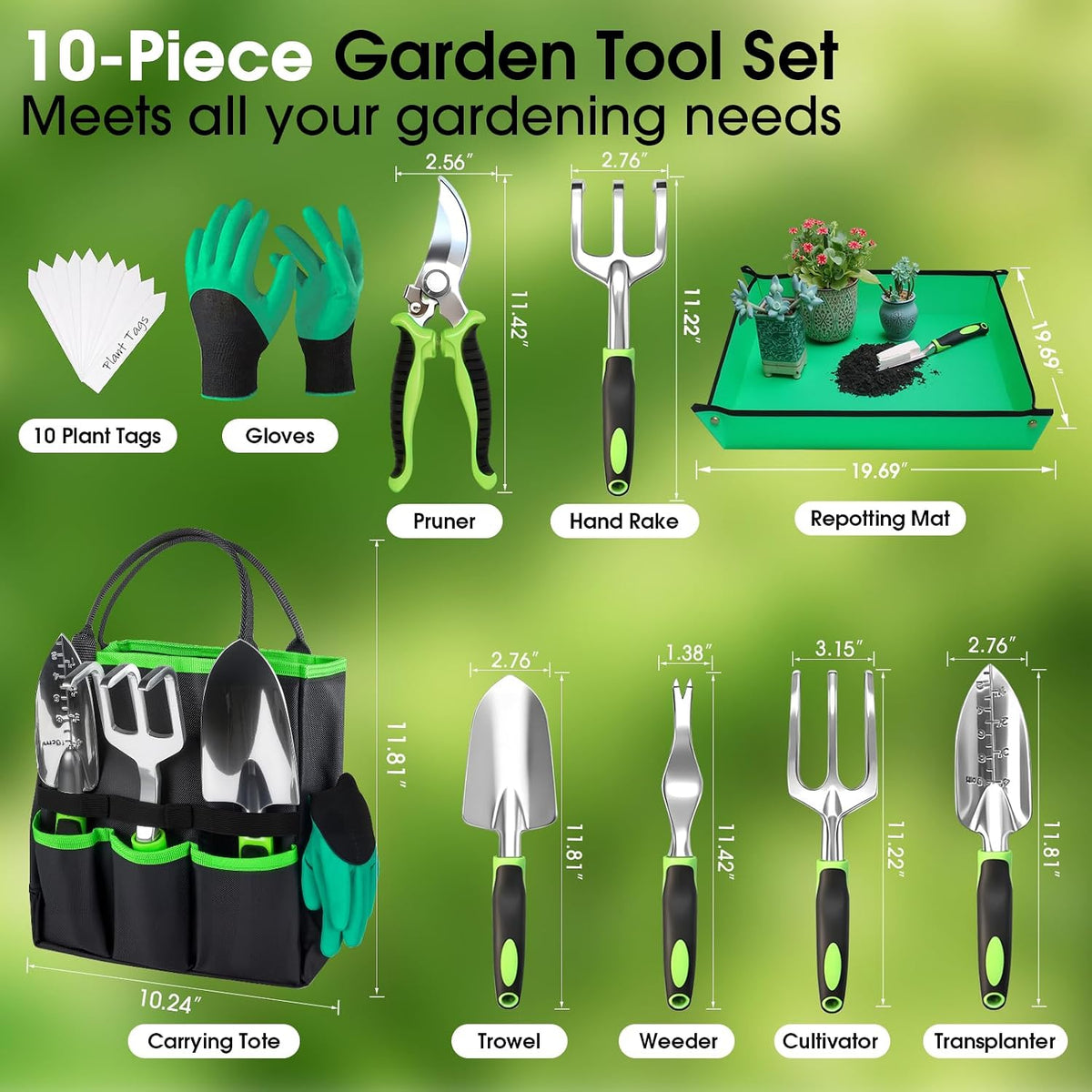 WOWBOX Garden Tools Set, 10 PCS Heavy Duty Gardening Hand Tools Kit, Green