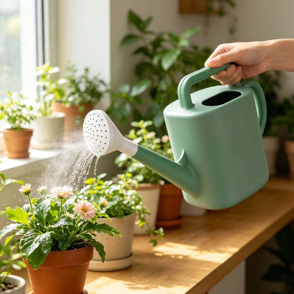2 Gallon Green Resin Watering Can, Dual Handle No Spill Refill Indoor Outdoor Plants