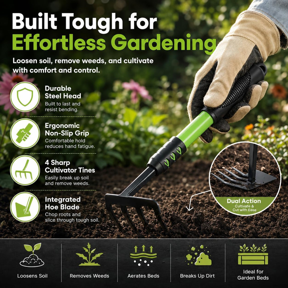 Bloomix Set of 3 Black Stainless Steel Gardening Tools Set Heavy Duty Hand Trowel, Hand Rake & Hoe Cultivator with Soft-Grip Ergonomic Handles, Durable Garden Tool Kit for Plant Care Black