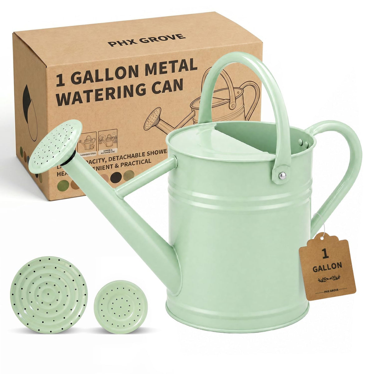 1 Gallon Metal Watering Can for Indoor Outdoor Plants, Cream Green