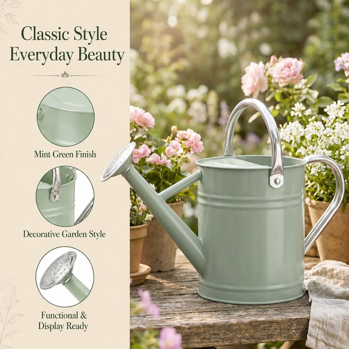 1 Gallon Metal Watering Can for Indoor Outdoor Plants, Cream Green