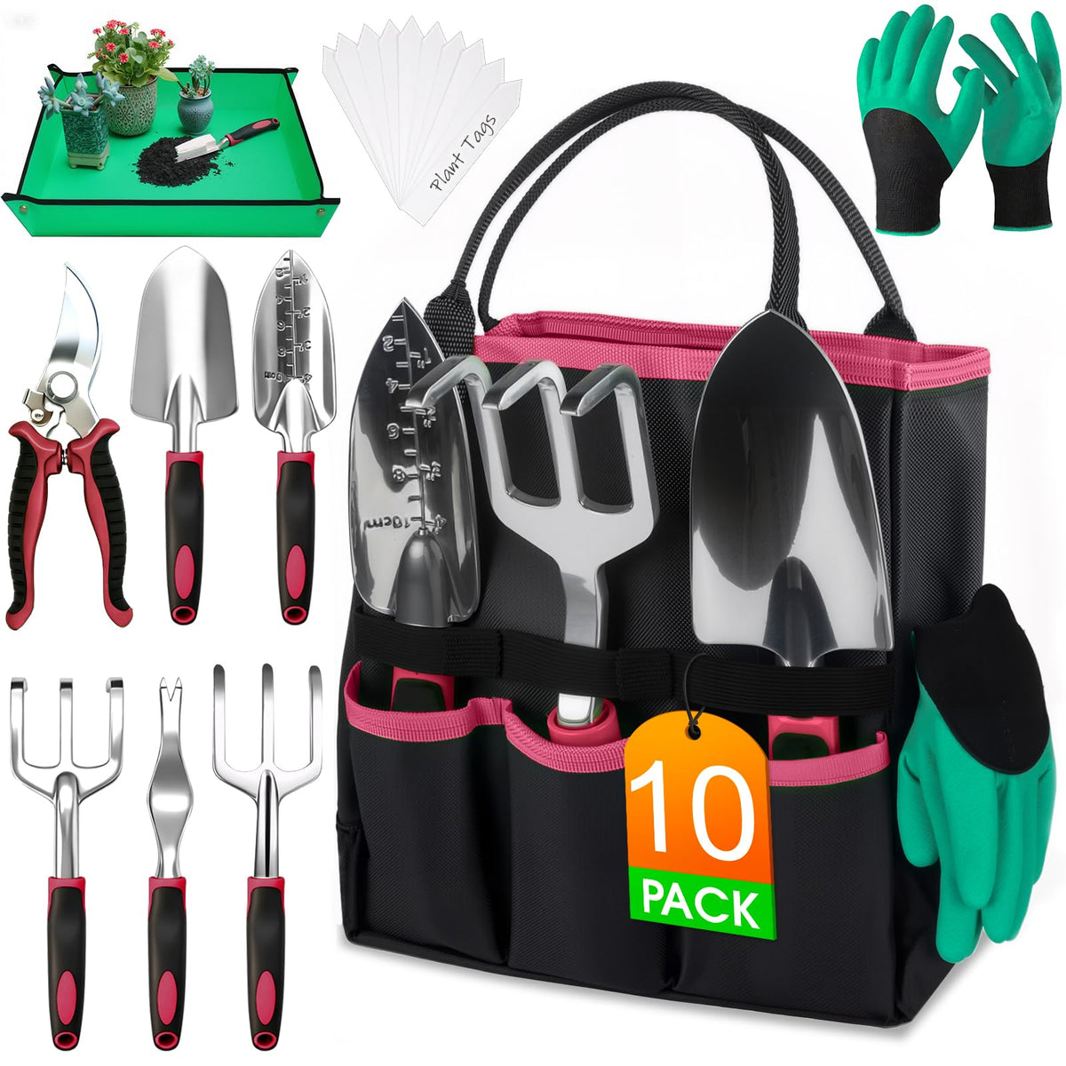 WOWBOX Garden Tools Set, 10 PCS Heavy Duty Gardening Hand Tools Kit, Green