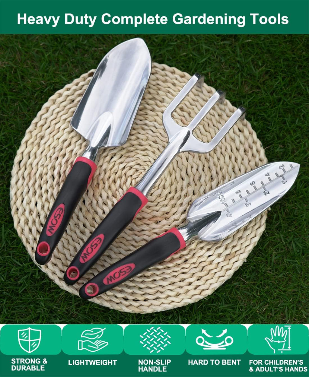 ESOW Garden Tool Set 3 Pc, Cast-Aluminum Heavy Duty - Trowel, Rake, Red