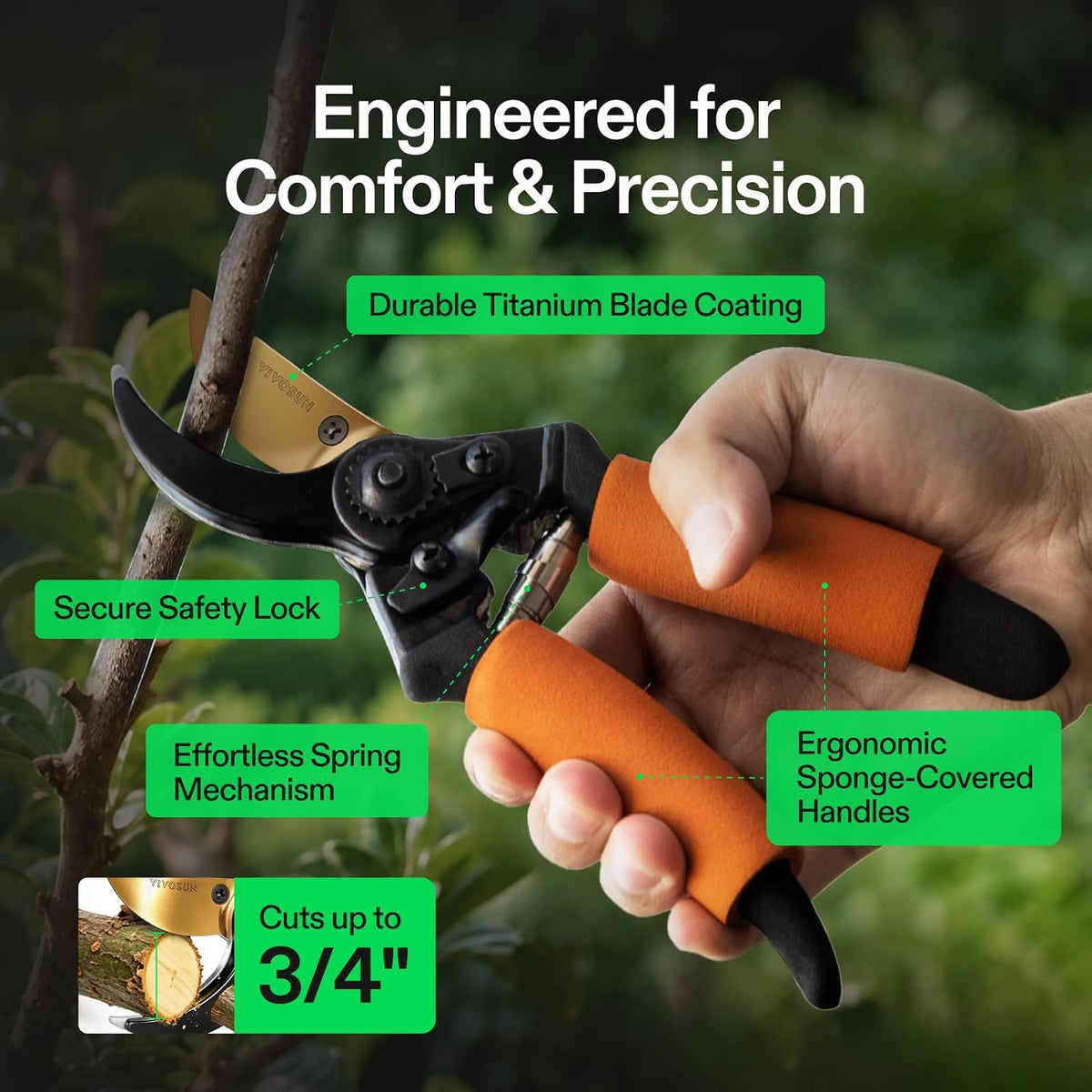 VIVOSUN 8.5" Bypass Pruning Shears for Gardening, Heavy-Duty Garden Scissors, Ultra Sharp Pruners with 3/4 in. Cut Capacity SK5 Blades, Thick Cushion-Covered Handle and Safety Lock